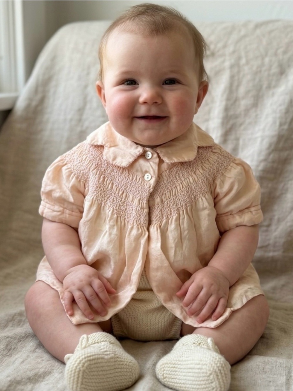Vintage 2-Button Short Sleeve Smocked Silk? Baby Girl Jacket